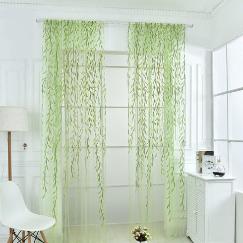 Ufurty 2 Pieces Willow Window Curtain Voile Tulle Room Salix Leaf Sheer Gauze Panel Drapes Green Color for Living Room, Bedroom, Balcony...