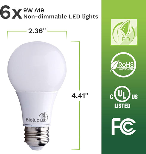 Bioluz LED 60 Watt LED Light Bulbs 4000K Cool White 9 Watts = 60W Non-Dimmable A19 LED Light Bulbs 6 Pack...