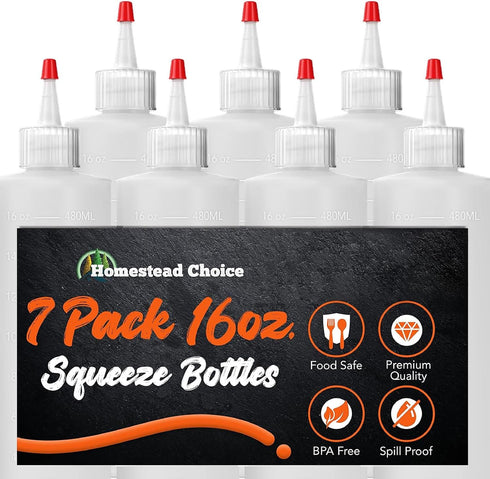 7-pack Plastic Squeeze Bottles for Sauces - 16oz Condiment Squeeze Bottles for Liquids - BPA Free Squirt Bottle with Cap - Ketchup, Syrup, Oil, Dr...