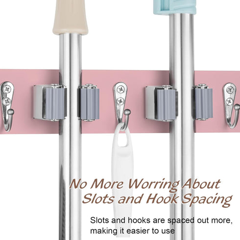 Pink Mop Broom Holder Wall Mount with 4 Slots & 4 Hooks - Wood Broom Mop Hanger for Pantry Closet Laundry Room Kitchen Organization - Pink Kitchen...