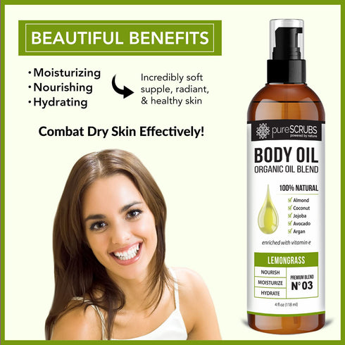pureSCRUBS Ultra Moisturizing LEMONGRASS BODY OIL Spray for Dry Skin, Massage, & More, Organic Super Blend of Jojoba, Argan, Coconut, Sweet Almond...