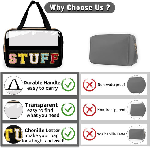 Chenille Letter Clear Makeup Bags Stuff Tote, Preppy Patch Makeup Bag Zipper with Handle, Waterproof PVC & Nylon Portable Glitter Large Cosmetic T...