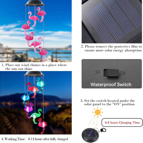 Flamingo Solar Wind Chimes for Outside, Waterproof LED Solar Powered Memorial with Lights, Housewarming Gifts for Garden Outdoor Patio Yard Lawn D...