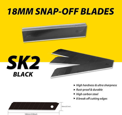 XW Snap-off Utility Knife,18mm Razor Blade Heavy Duty Aluminum Alloy Box Cutter with Ratchet-Lock, Total 12 Black Blades, 2-Pack...