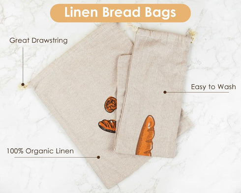 Linen Bread Bags Set of 4 Reusable Bread Bags for Homemade Bread Fresh Bread Storage for Crusty European Bread, Baguette...