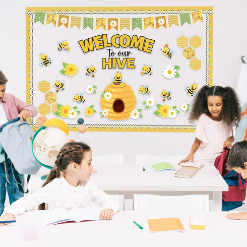 77Pcs Bee Bulletin Board Decorations Summer Bee Hive Cutout Classroom Bulletin Board Border Set Decoration Bee Sunflower Cut Outs for Wall Decor C...
