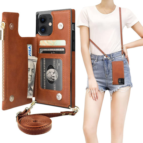 Bocasal Crossbody Wallet Case for iPhone 12/12 Pro with Card Holder,Zipper Card Slot Protector Shockproof Purse Cover with Removable Cross Body St...