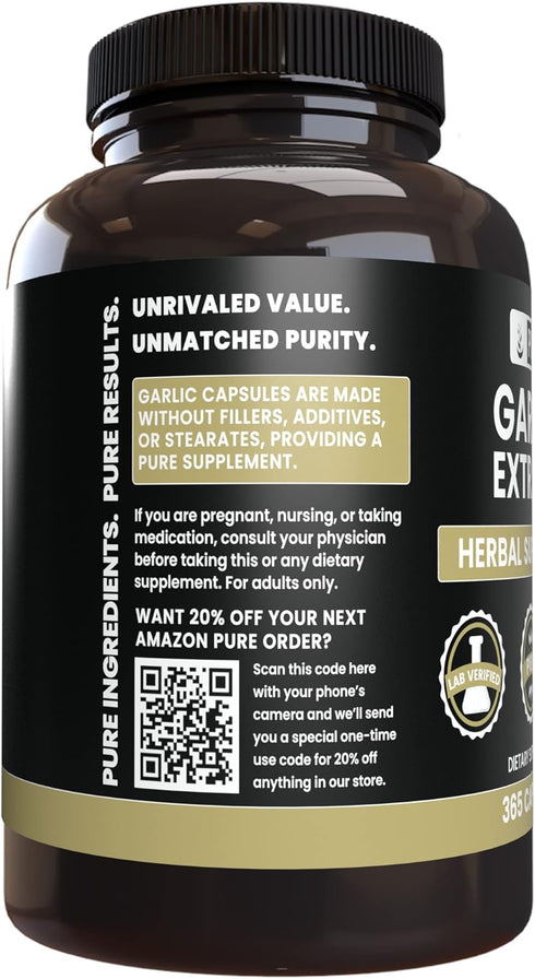 Pure Original Ingredients Garlic Extract (365 Capsules) No Magnesium Or Rice Fillers, Always Pure, Lab Verified...