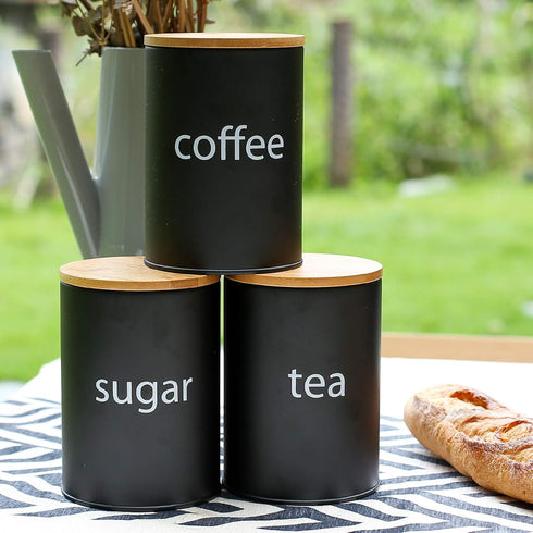 SOTECH Metal Food Storage Jar Farmhouse Coffee Canisters with Bamboo Lids,Black Kitchen Canisters Set of 3 Decorative Canisters for Kitchen Counte...