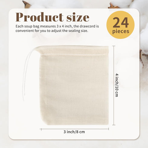 24 Pieces Reusable Drawstring Soup Bags - 3 x 4 inch Straining Cheesecloth Bags, Cotton Coffee Tea Brew Bags, Soup Gravy Broth Brew Bags, Herbs Sa...