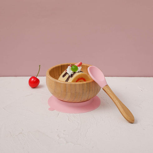 Baby Bowls and Spoons, Baby Bamboo Bowl and Spoon | Silicone Suction | Bamboo Baby Bowls for Baby | Baby Bowls First Stage | Baby Wood Bowls (Pink...
