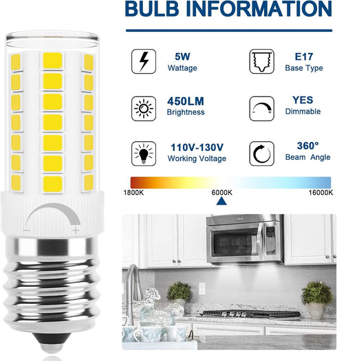 E17 Led Bulb Microwave Oven Light, Over Stove Appliance Replacement 40W Incandescent for Refrigerator, Range Hood, Dimmable, 120V 5W 450LM Dayligh...