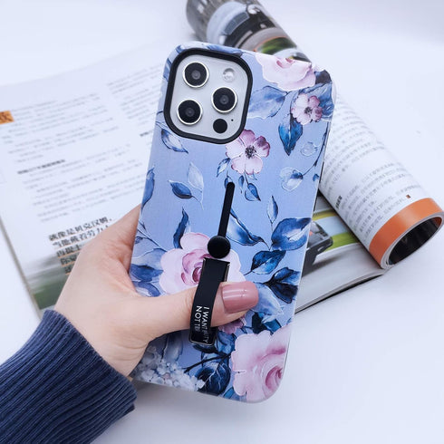 Compatible with iPhone 12 Pro Max Case Finger Grip,3D Embossed Pink Flowers Blue Shell Design, Rugged Shockproof Slim Fit Dual Layer Finger Ring L...