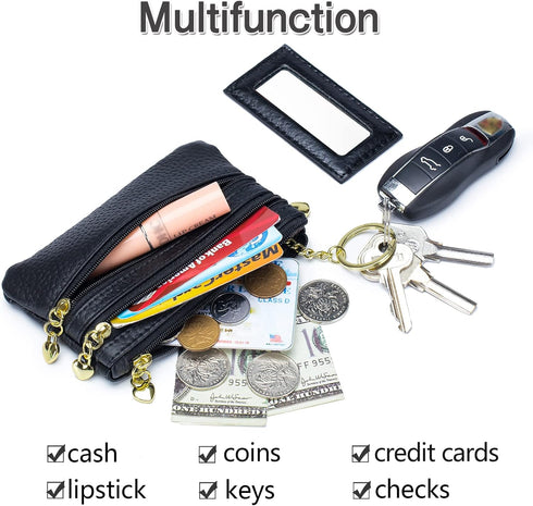 imeetu Leather Coin Keychain Purse for Women, Small Change Purse for Coins, Coin Pouch Wallet with 4 Zippered Pockets (Black)...