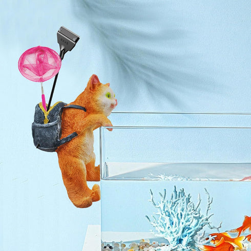 kathson Cute Cat Figurines Aquarium Ornament,Fish Tank Hanging Basket Cats Decoration Pendant Resin Cat with Flower Pot Storage Basket for Aquariu...