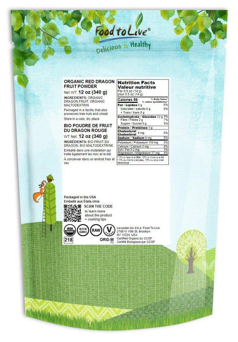 Food to Live Organic Dragon Fruit Powder, 12 Ounces – Non-GMO, Powdered Red Pitaya, Vegan, Bulk. Contains Maltodextrin. Rich in Antioxidants, Fibe...
