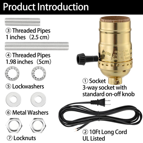 Lamp Making Kit, Lamp Parts for Repair Replacement or Rewire Table and Floor Lamps, 3 Way Socket 10 Foot Matching Cord and Essential Hardware, DIY...
