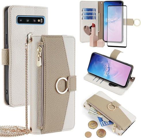 Asuwish Phone Case for Samsung Galaxy S10e Wallet Cover with Tempered Glass Screen Protector and Mirror Flip Cover Ring Credit Card Holder Crossbo...