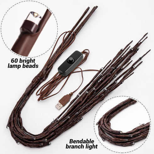 KXCOFTXI 3 Pack Twig Lights, Prelit Branches, USB Plug in Branches Lights with 60 LED Bulbs, Romantic Decorative Iights for Vase, Lighted Tree Bra...