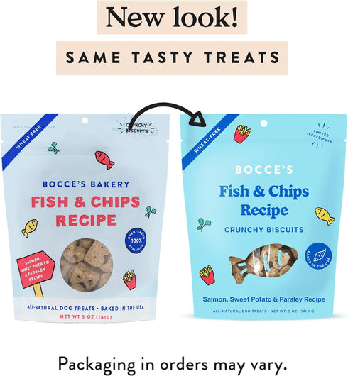 Bocce's Bakery Fish & Chips Treats for Dogs - Special Edition Wheat-Free Dog Treats, Made with Real Ingredients, Baked in The USA, All-Natural Sal...