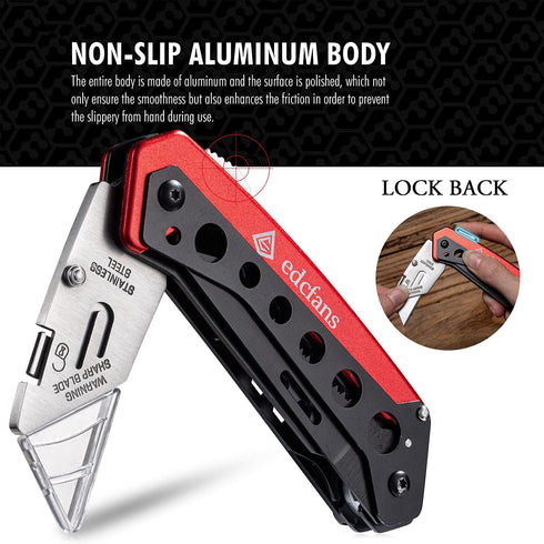 edcfans Folding Utility Knife Box Cutter with 5 Razor Blades, Screwdriver, Saw, Fruit Knife, Lock Design, Pocket Clip and Holder for Belt, EDC Hea...