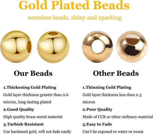 PH PandaHall 180pcs 18K Gold Plated Beads, 3mm 4mm 6mm Bracelet Bead Smooth Metal Spacer Beads Seamless Gold Ball Brass Tiny Bead for Summer Hawai...