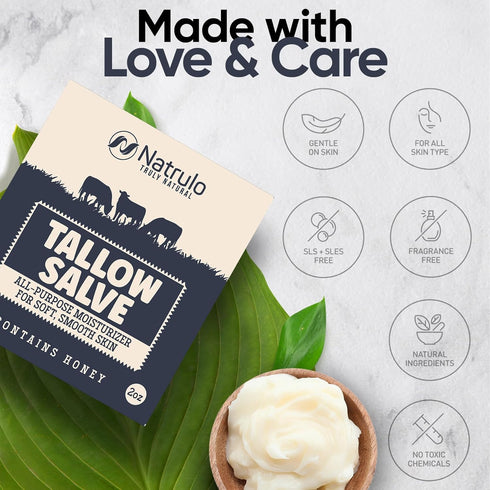 Beef Tallow Salve – All Natural Grass Fed Beef Tallow & Honey All Purpose Balm – Moisturizing Body Salve Great for Eczema, Cracked, Dry, Itchy, Ir...