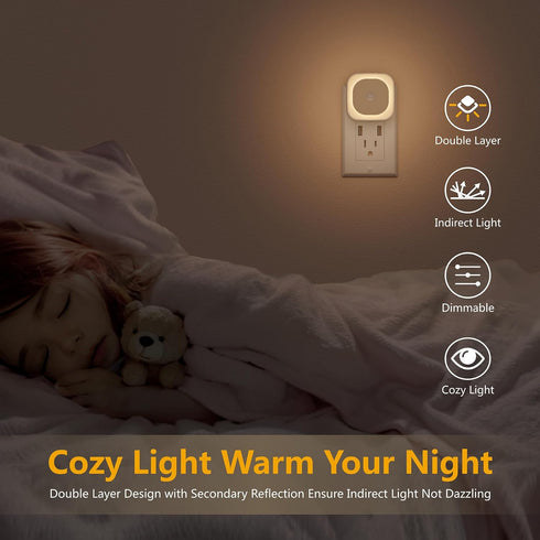 2 Pack Plug in Night Light with Motion Sensor & Dusk to Dawn Sensor, 3 Sensor Modes, Dimmable Night Lights Plug into Wall, Auto ON/Off, Warm White...