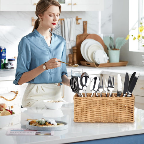 Ayiaren Wicker Flatware Silverware Caddies Cutlery Holder Best Kitchen Silverware Organizer Storage for Countertop Silverware Utensils Holder Part...