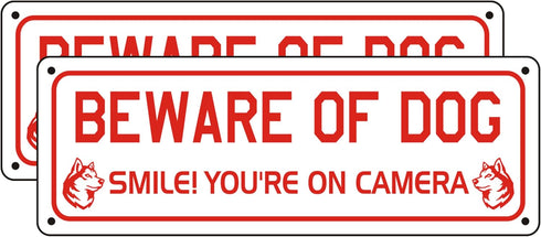 Beware of Dog Sign for Fence and Yard (2 Pack) Smile You are on Camera Aluminum Metal Warning Signs for House Indoor or Outdoor Use for Fence Door...