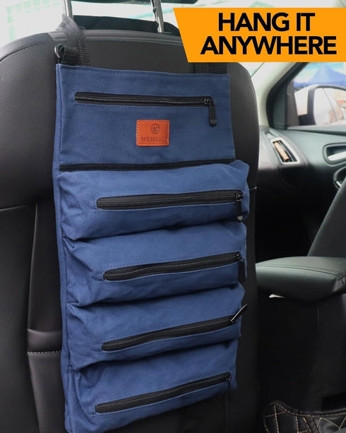 Roll Up Tool Bag, 16OZ Canvas Wrench Roll Up Pouch Multi-Purpose Tool Roll Organize, 5 Zippered Tool Pockets (Blue)...