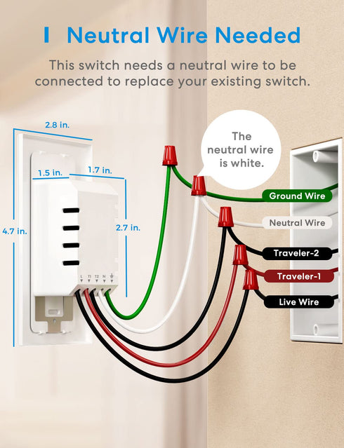 meross 3 Way Smart Switch, Smart Light Switch Supports Apple HomeKit, Siri, Alexa, Google Assistant & SmartThings, 2.4GHz WiFi Light Switch Neutra...