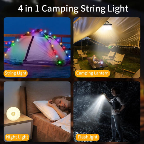 Camping String Lights 2 in 1 RGB & Warm String Lights 8 Lighting Modes Rechargeable String Lights Portable Camping Lights Camping Lantern Flashlig...