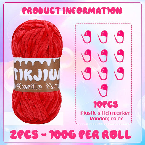 7OZ Red Chenille Yarn for Crocheting, Chunky Chenille Yarn with Crochet Stitching Markers, Chenille Yarn Chunky for Sweater Pillow Blanket Scarf W...