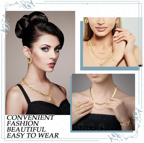 Henoyso 16 Pcs Gold Jewelry Sets for Women 4 Gold Necklace 4 Gold Bracelets 4 Gold Earring 4 Knuckle Rings Hoop Stud Earrings for Women Girls Vale...