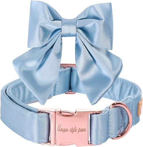 Unique style paws Silk Blue Color Dog Collar Adjustable Durable Dog Collar with Bow Wedding Bowtie Collar for Small Puppy and Cats...
