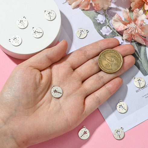 LiQunSweet 20 Pcs Flat Round with Star Magic Stick Charms Hollow Fairy Tale Wand Charms for DIY Necklace Bracelet Jewelry Making Supplies...
