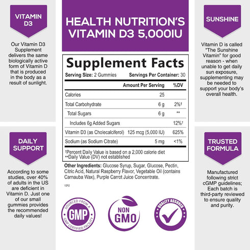 Vitamin D3 Gummies Extra Strength 5000 IU (125 mcg) - Bone, Teeth, Muscle & Immune Support Vitamin D Gummy Dietary Supplement, Nature's Berry Vita...