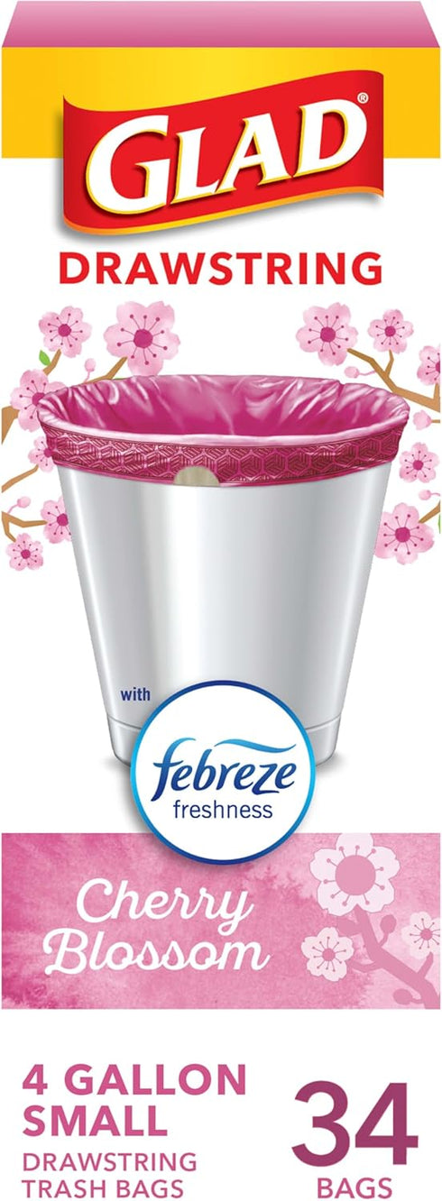 Glad Trash Bags, OdorShield Small Drawstring Garbage Bags, 4 Gallon Trash Bag, Febreze Cherry Blossom, 34 Count (Package May Vary)...