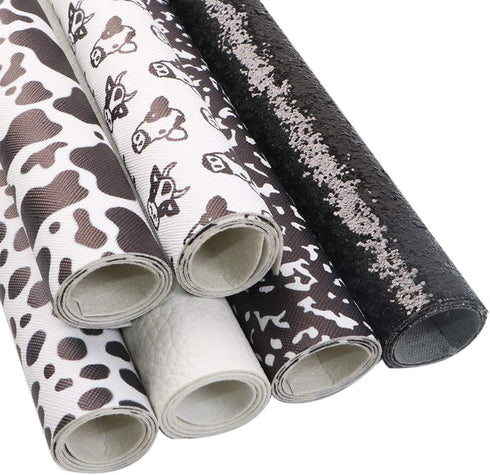 6pcs 7.7" x 12.9" (20 cm x 33 cm) Black White Series Cow Pattern Faux Leather Sheet Synthetic Leather Sheets Assorted for Earrings Hair Bows Makin...