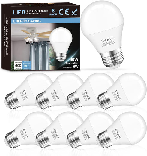Cotanic 8 Pack Ceiling Fan Light Bulb 5000K Daylight, E26 Base A15 LED Bulb 60W Equivalent, 6W Small Light Bulb for Refrigertaor, Chandelier Light...