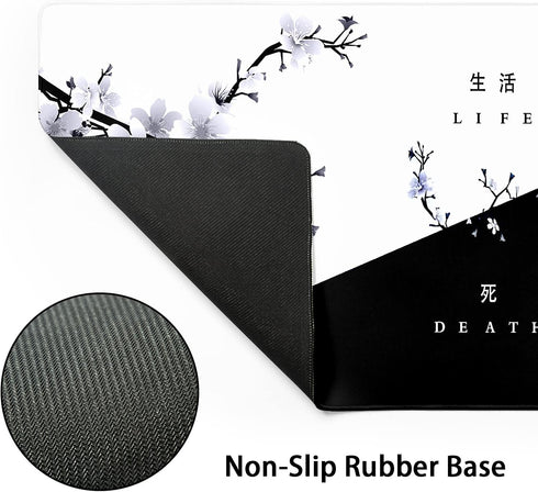 Black White Cherry Blossom Mouse Pad Japanese Sakura Death Life Flower Extended Desk Mat 80X30 cm Non-Slip Rubber Base Stitched Edge Large XL Play...