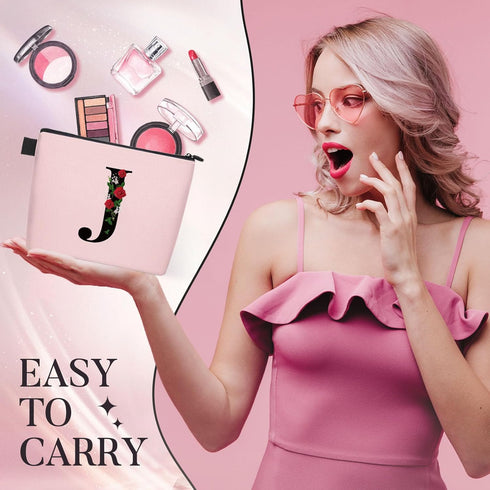 Initial Letter J Makeup Bag for Women Girl, A-Z Personalized Makeup Bag Pink Monogram Cosmetic Bag, Custom Graduation Nurse Week Gift Birthday Bri...