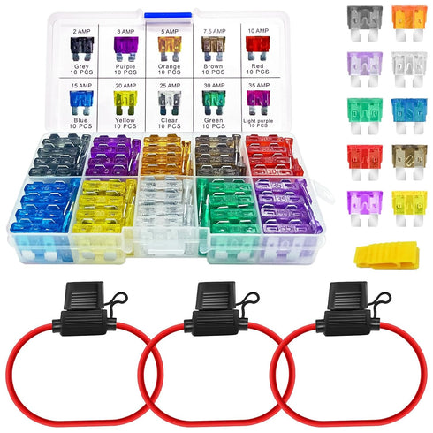 MuHize ATO/ATC Fuse Kit with Inline Holders - 3 Inline 12 AWG Fuse Holders and 100pcs Standard Blade Fuses(2A 3A 5A 7.5A 10A 15A 20A 25A 30A 35A) ...
