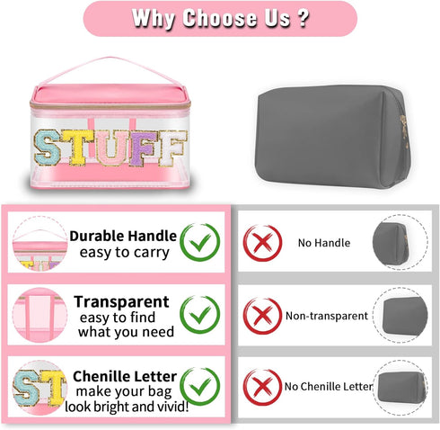 Chenille Letter Clear Makeup Bags Stuff Pouch, Preppy Patch Makeup Bag Zipper with Handle, Transparent PVC & Nylon Waterproof Glitter Cosmetic Han...
