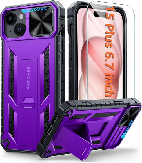 FNTCASE for iPhone 15 Plus Case: Heavy Duty Shockproof Cover with Kickstand | Rugged Military Grade Drop Proof Protection Matte Textured TPU Prote...