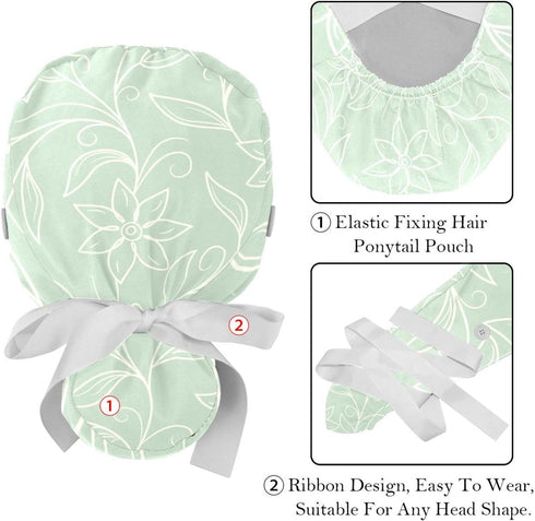 Animated Pink Floral Working Caps with Buttons, Long Hair Scrub Hats Ponytail Holder for Women...