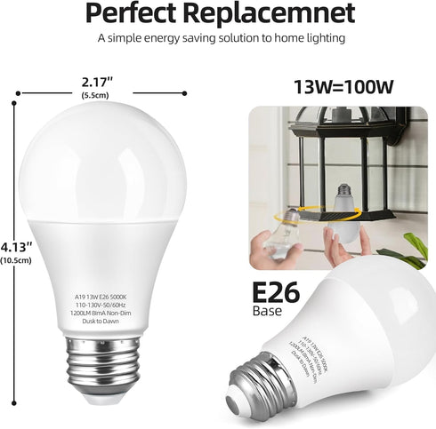 Dusk to Dawn LED Outdoor Light Bulb 100 Watt Equivalent, 13W Automatic On/Off Sensor Light Bulb Daylight 5000K, 1200LM, A19 Dusk to Dawn Light Bul...