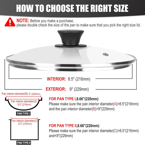 Pan Lid 8.7 Inch - Tempered Glass Pot Lid - Replacement Pan Cover for Cast Iron Skillets, Frying Pans, Pots and Wok, Heat Resistant Handle...