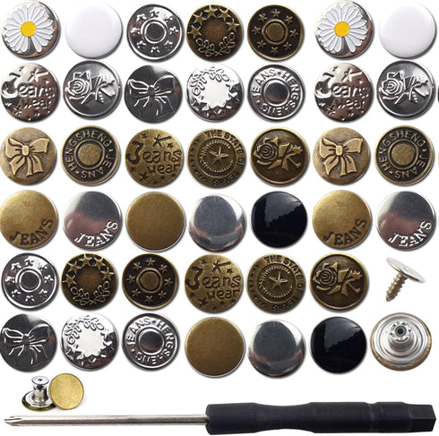 RONYOUNG 100PCS Jeans Buttons Pins with Screwdriver, Jean Buttons for Loose Jeans, Removable Instant Metal Buttons, No-Sew Replacement Buttons for...
